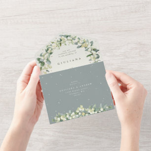 Green/Cream Snowberry+Eucalyptus Winter Wedding All In One Invitation