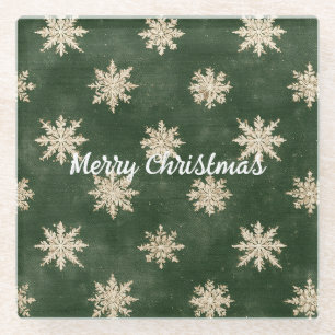 Green Cream Snowflakes Christmas Glass Coaster