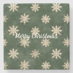 Green Cream Snowflakes Christmas Stone Coaster