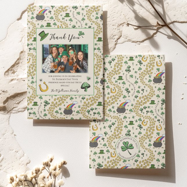 Green & Cream St Patricks Irish Thank You Card (St Patricks Day Custom Photo, Thank You Message and Name with Irish Blessing on Back of the Card. 
)