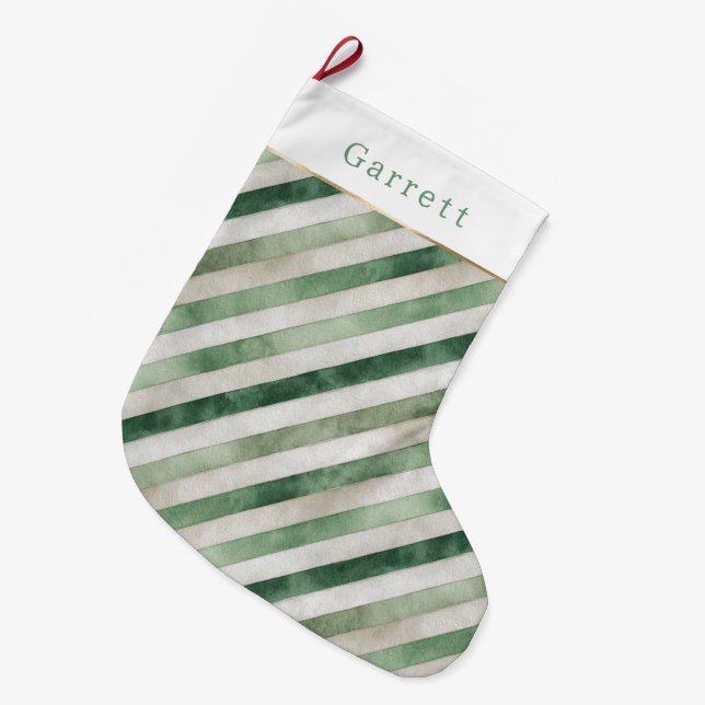 Green Cream Stripes Christmas Large Christmas Stocking (Front (Hanging))