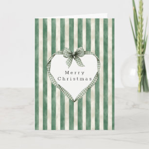 Green Cream Stripes Heart Bow Christmas Card