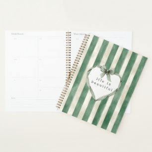 Green Cream Stripes Heart Bow Planner