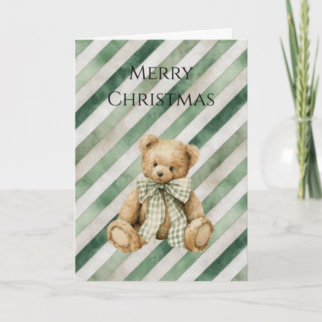 Green Cream Stripes Teddy Bear Christmas Card (Front)