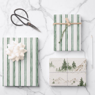 Green Cream Stripes Trees Christmas Wrapping Paper Sheet