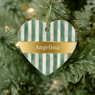 Green Cream White Stripes Gold Ribbon Christmas Ceramic Tree Decoration
