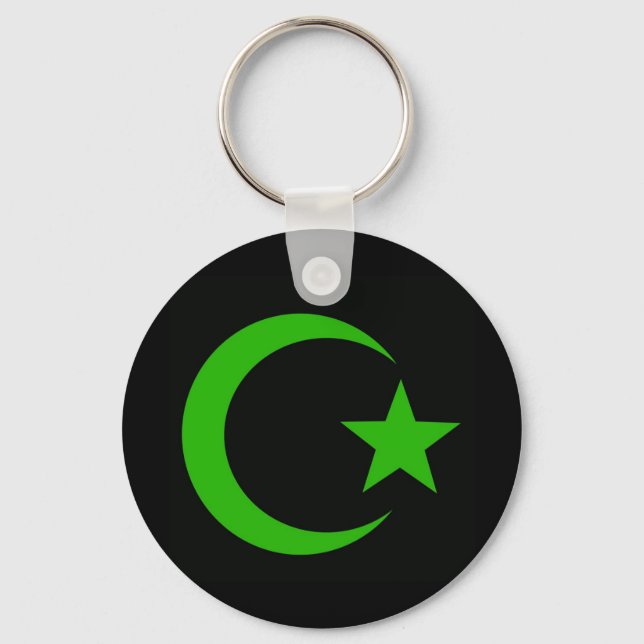 Green crescent and star--black background key ring (Front)