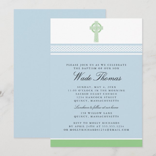 Green Cross Baptism Christening Invitation (Front/Back)