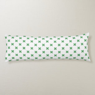 Green cross stitches on white body cushion