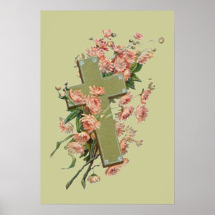 Green Cross With Pink Flowers Poster