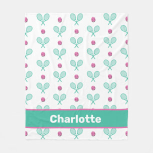 Green Crossed tennis rackets with custom name Fleece Blanket