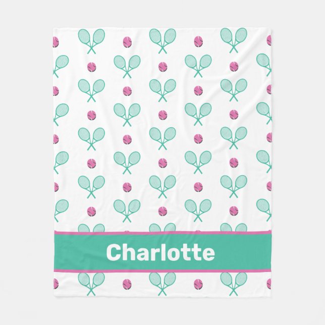 Green Crossed tennis rackets with custom name Fleece Blanket (Front)