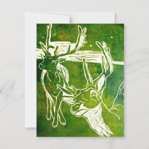Green Crossing Deer linocut RSVP Card