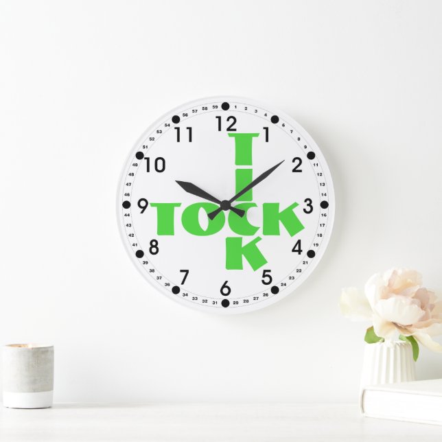Green Crossword Tick Tock Text Large Clock (Home)