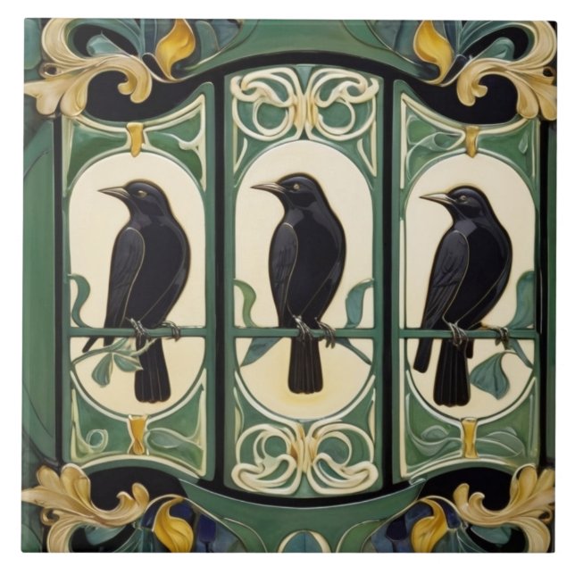 Green Crow Birds Art Nouveau Art Deco Black Bird Tile (Front)
