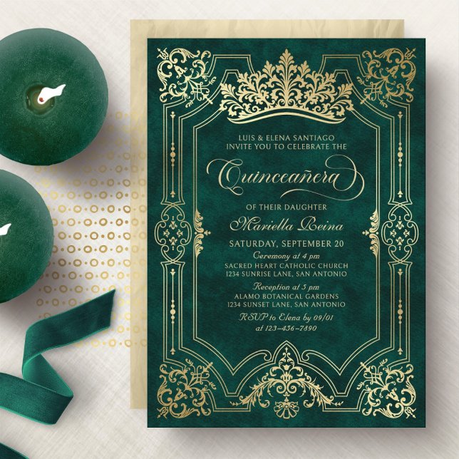 Green Crown Tiara Elegant Quinceanera Invitation (Creator Uploaded)