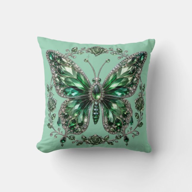 Green Crystal Butterfly | Floral Frame Cushion (Front)