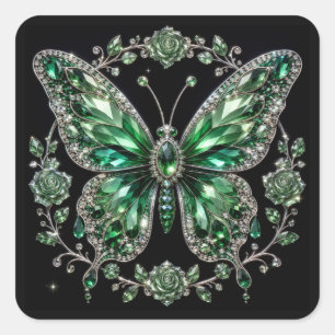 Green Crystal Butterfly Floral Frame Square Sticker