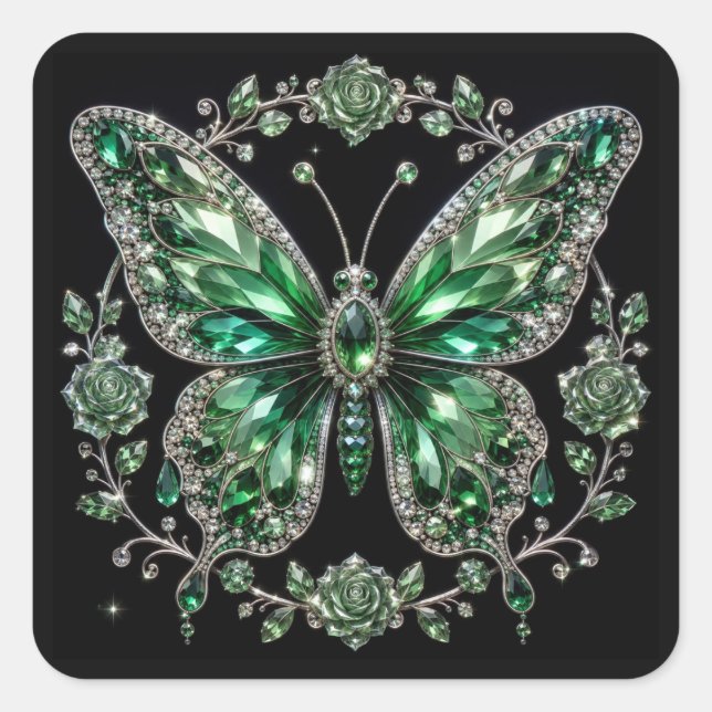 Green Crystal Butterfly | Floral Frame Square Sticker (Front)