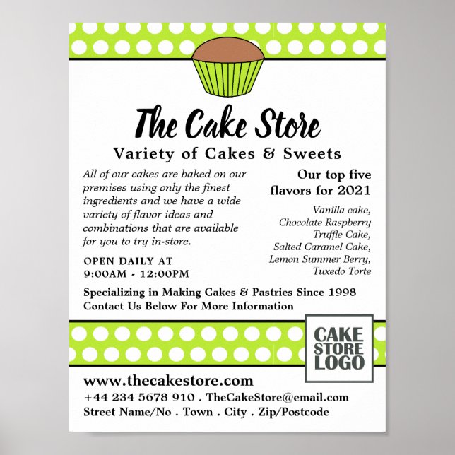 Green Cupcake & Polka Dot, Cake Store Advertising Poster (Front)