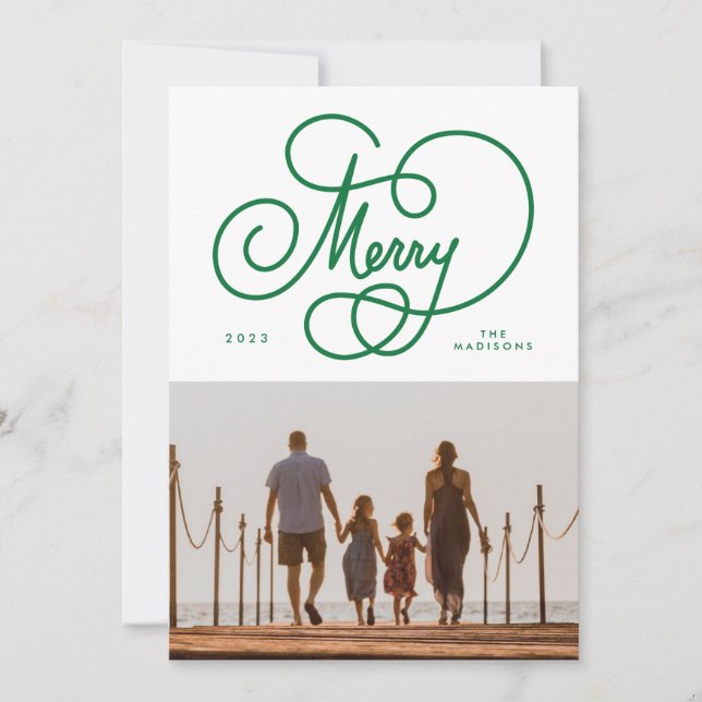 Green Cursive Script Merry Flourish Photo Holiday Card (Front)