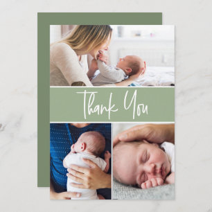 Green Custom 3 Baby photos Handlettering Script Thank You Card