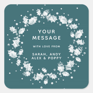 Green Custom Christmas Stylised Holly Wreath Square Sticker