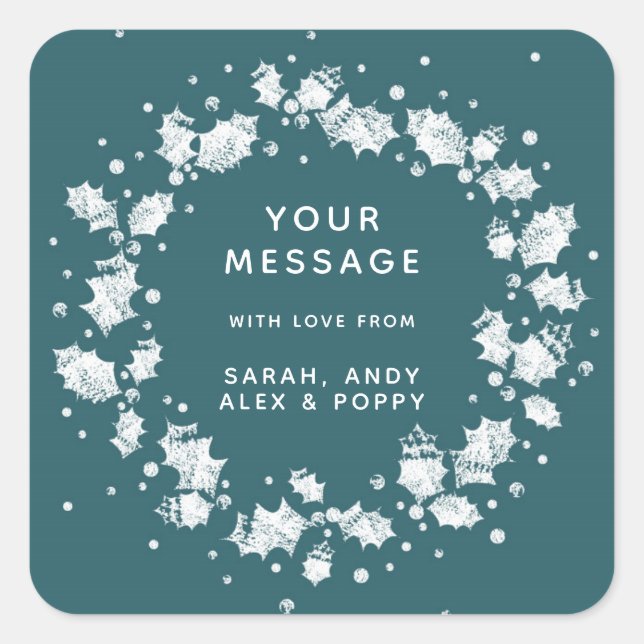 Green Custom Christmas Stylised Holly Wreath Square Sticker (Front)