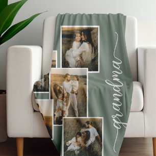 Green Custom Grandma Grandkid 5 Photo Collage Fleece Blanket