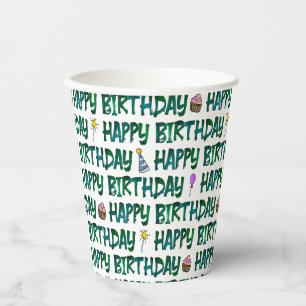 Green Custom Happy Birthday Text Pattern Paper Cups