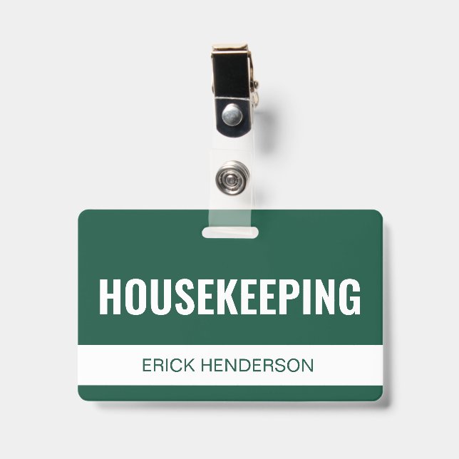 Green Custom Hotel Housekeeping Employee ID Badge (Front with Clip)