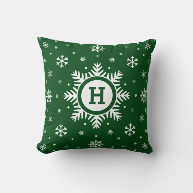 Green Custom Monogram Christmas Snowflake pillow (Front)