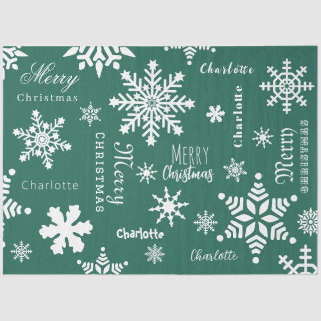 Green Custom Name Christmas Holiday Snow Tissue Paper (Front)