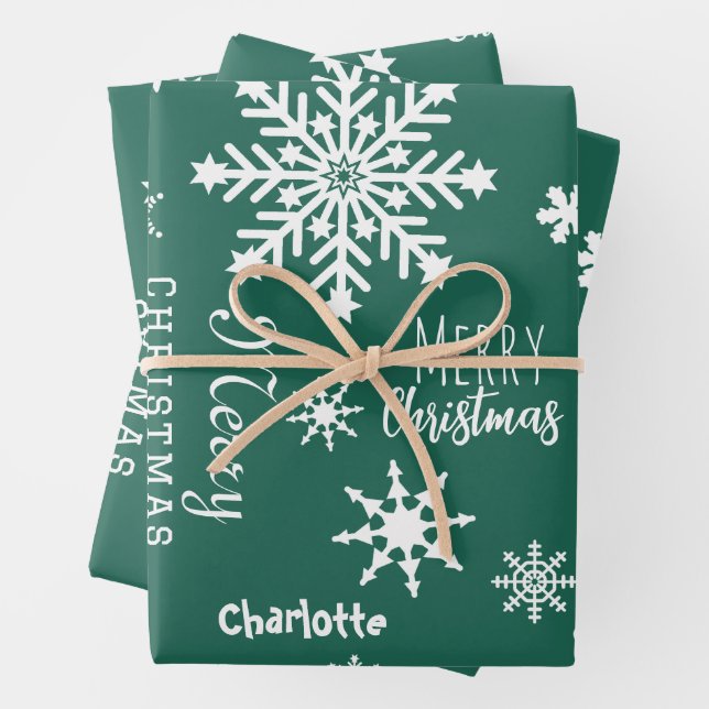 Green Custom Name Christmas Holiday Snow Wrapping Paper Sheet (In situ)