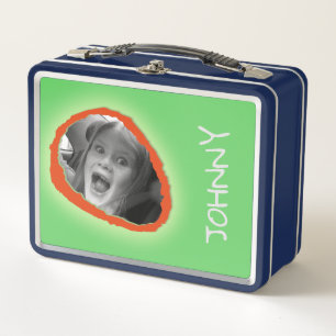 Green Custom Photo and Name Metal Lunch Box