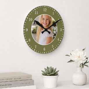 Green Custom Photo and White Numbers Personalised Round Clock
