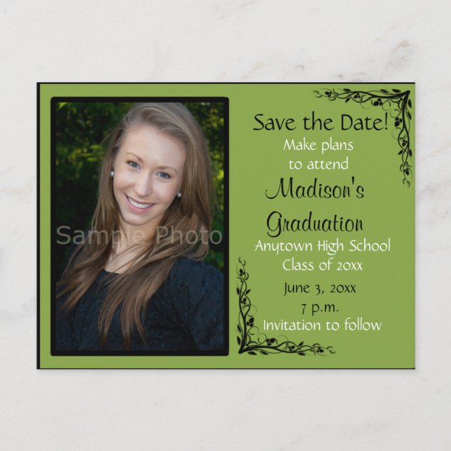 Green Custom Photo Graduation Save the Date Card (Front)