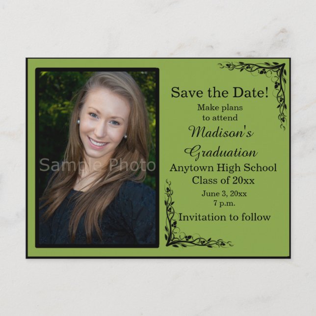 Green Custom Photo Graduation Save the Date Card (Front)