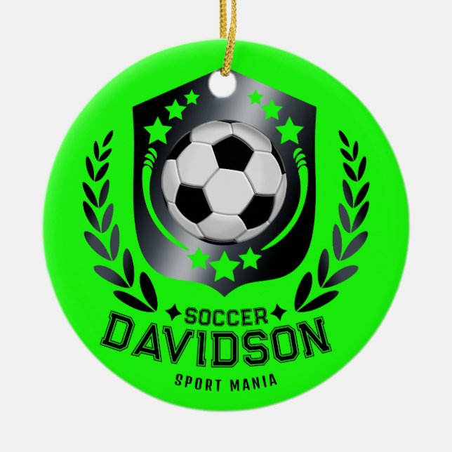 Green Custom Soccer Ball | Personalized Text  Gift Ceramic Tree Decoration (Front)