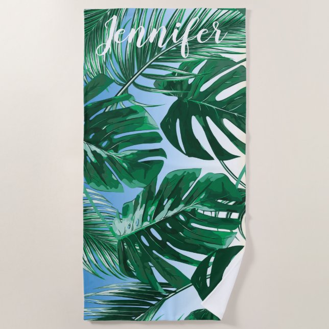 Green Custom Tropical Island Vacation Party Beach Towel (Front)
