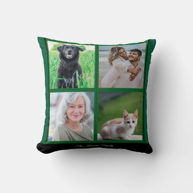 Green Customisable Family Name and Photo collage  Cushion (Front)