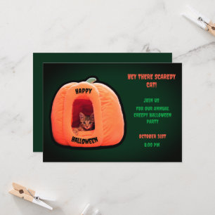 Green Cute Cat Orange Pumpkin Kitten Halloween Invitation