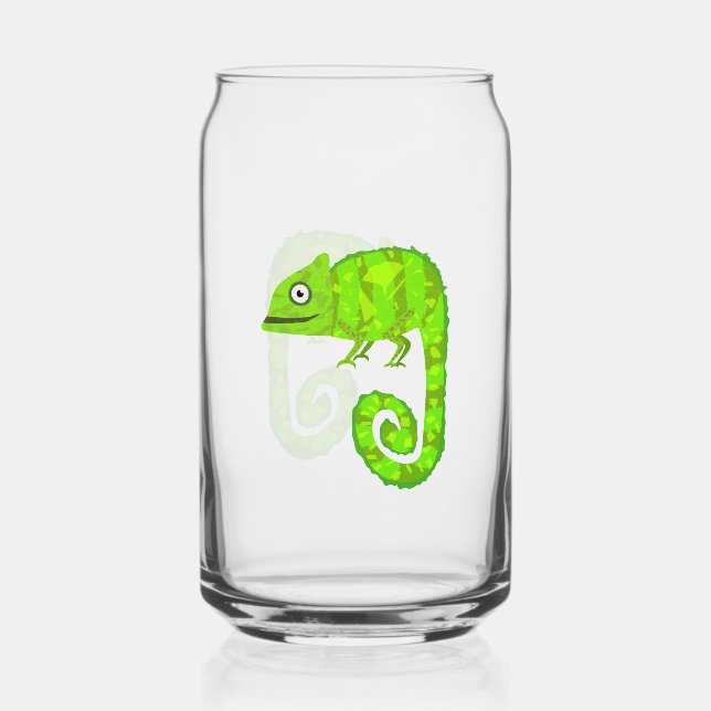 Green cute chameleon can glass (Front)