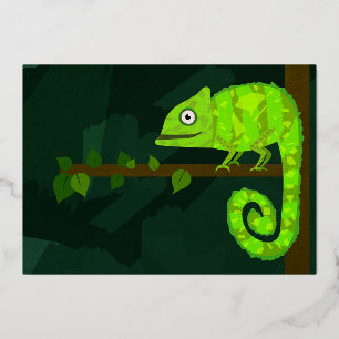 Green cute chameleon foil holiday card