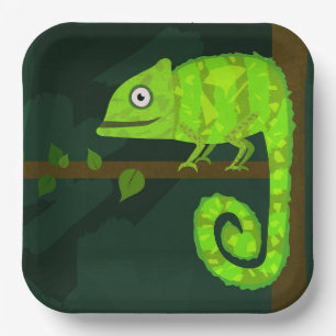 Green cute chameleon paper plate