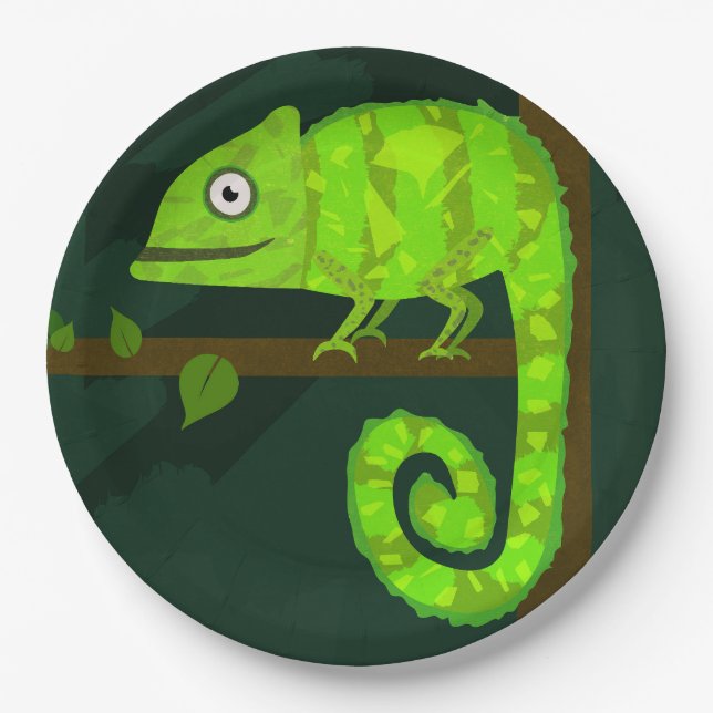 Green cute chameleon paper plate (Front)