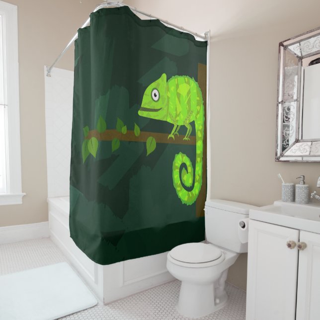 Green cute chameleon shower curtain (In Situ)
