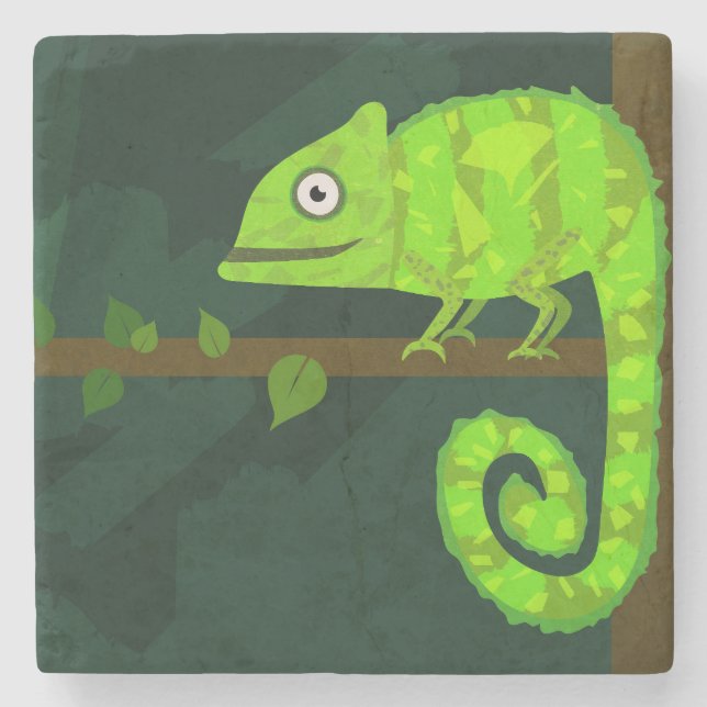 Green cute chameleon stone coaster (Front)