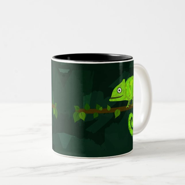 Green cute chameleon Two-Tone coffee mug (Front Right)