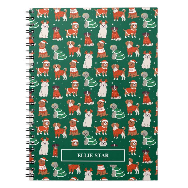 Green Cute Christmas Dogs Personalised Notebook (Front)